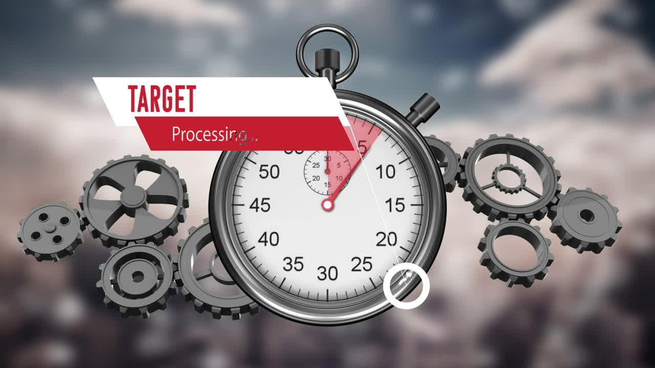 Animation of target processing over moving clock, cogs and sky