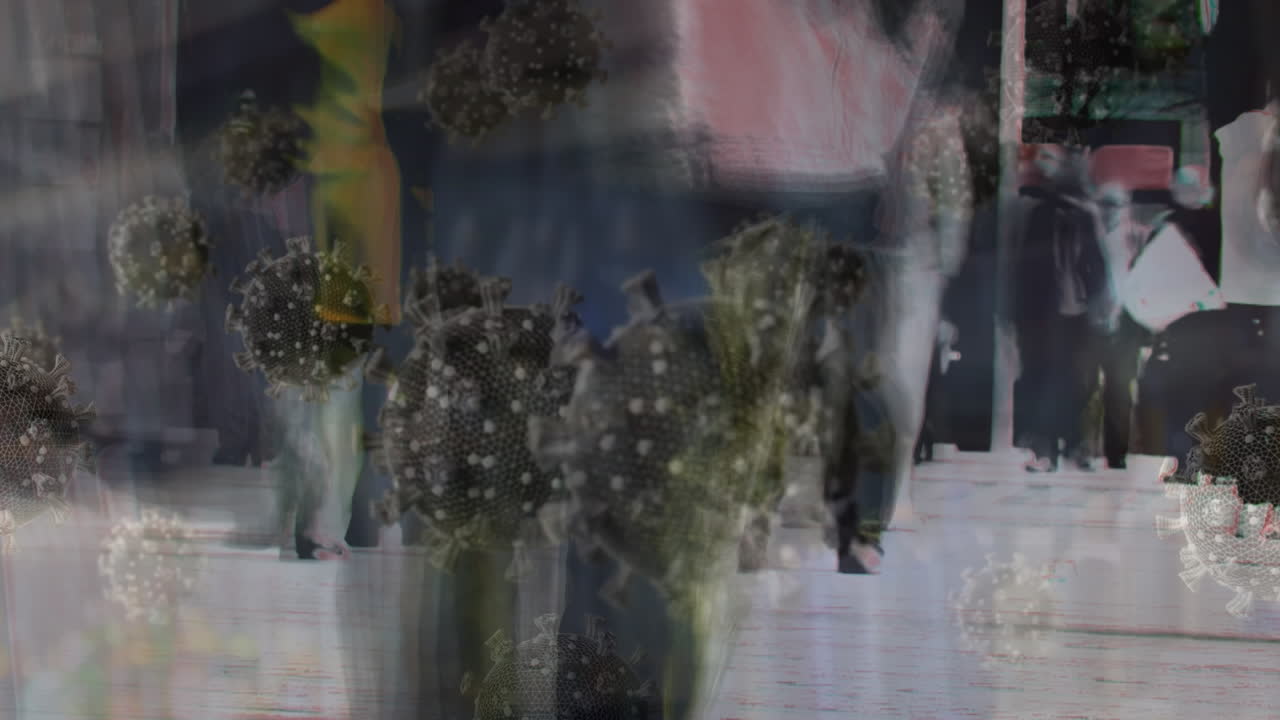 거리에서 다양한 사람들을 대상으로 바이러스 세포의 애니메이션