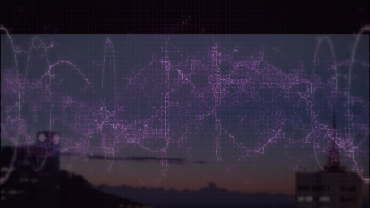 Purple network of connections and data processing animation over cityscape at dusk