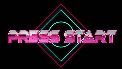 animation of press start pink metallic text over neon bright shapes