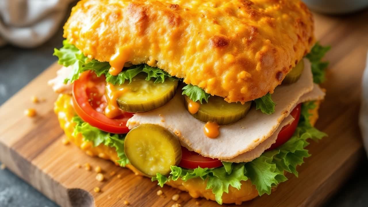 A delicious sandwich featuring melted cheese, fresh lettuce, tomatoes, pickles, and sliced turkey, presented on a wooden board, showcasing vibrant colors and appetizing textures