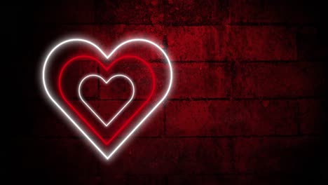 Animation-of-red-and-white-concentric-neon-hearts-flashing-on-dark-brick-wall