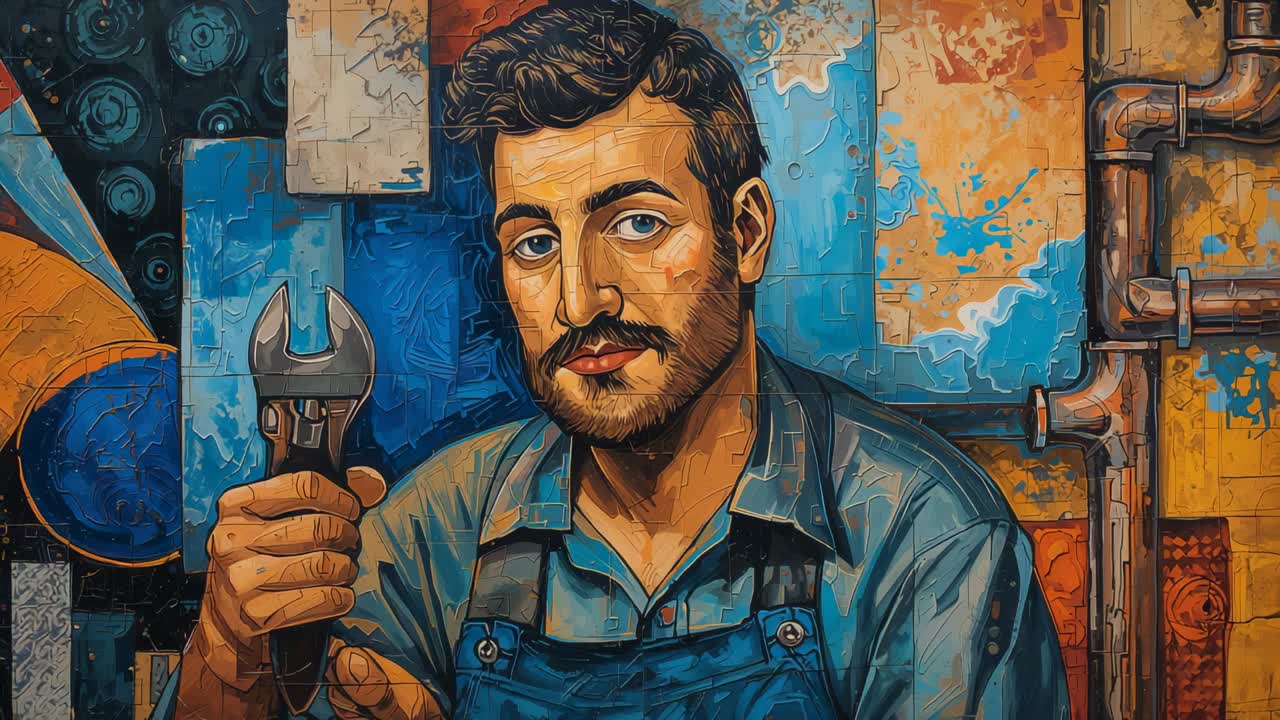 Zooming camera tightening on mural mechanic in blue overalls holding wrench, focusing on pipes