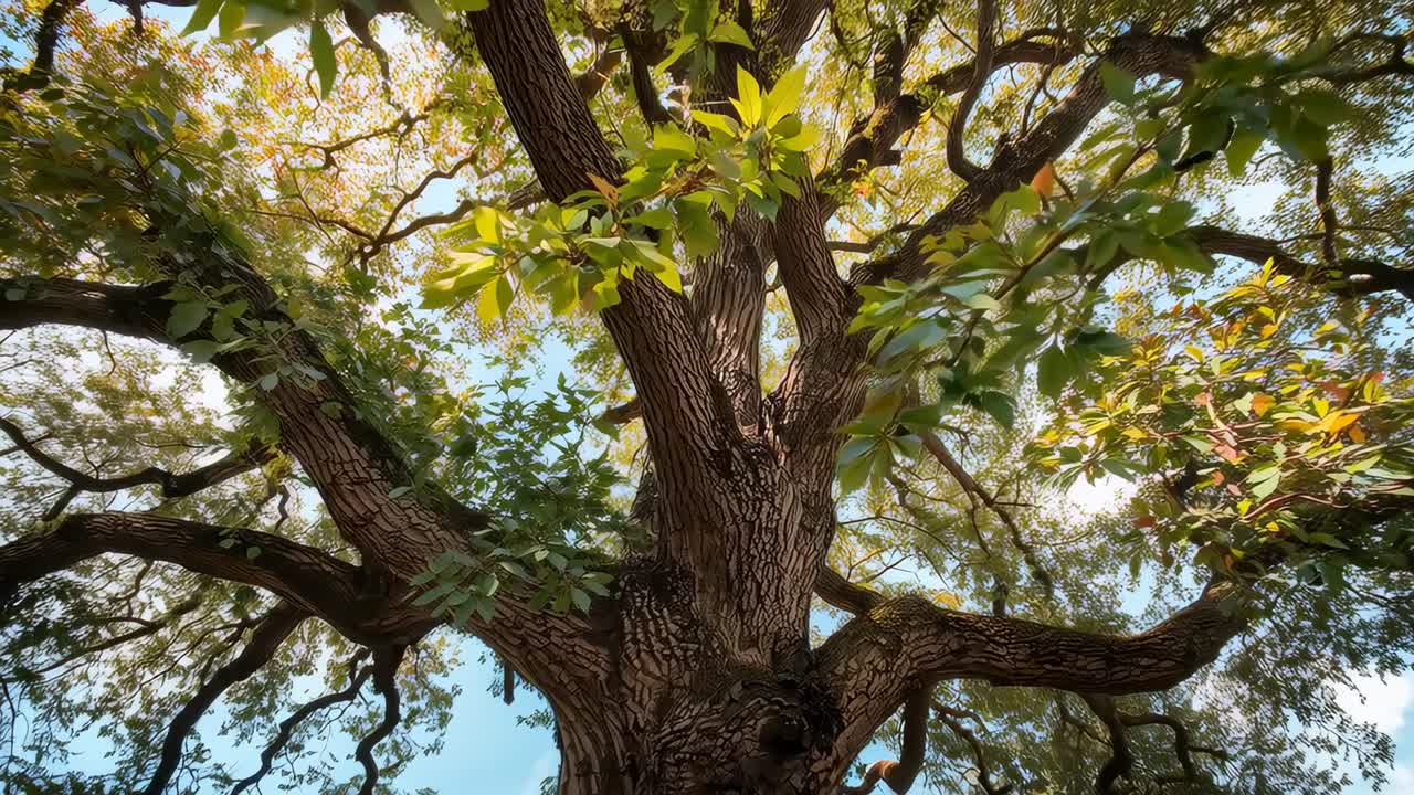 Swaying large deciduous tree in light breeze at park, showing trunk knot and dappled light