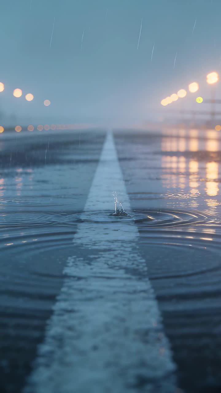 Raindrops Falling on a Wet Road with Streetlights at Night