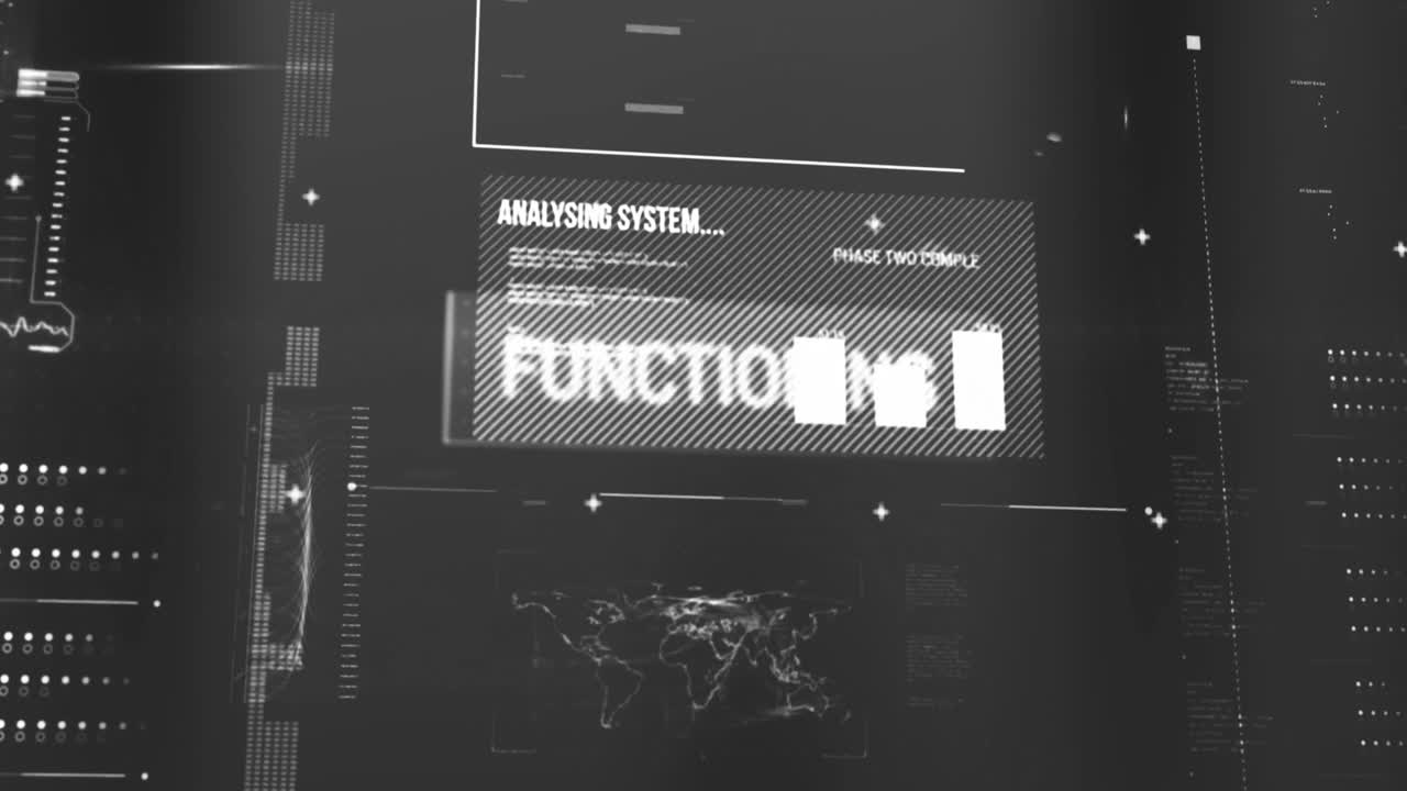 Animation of interface with data processing over world map against grey background