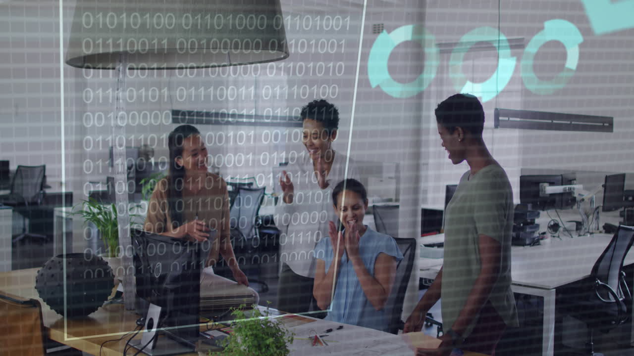 Animation of data processing and binary coding over diverse business people talking in office