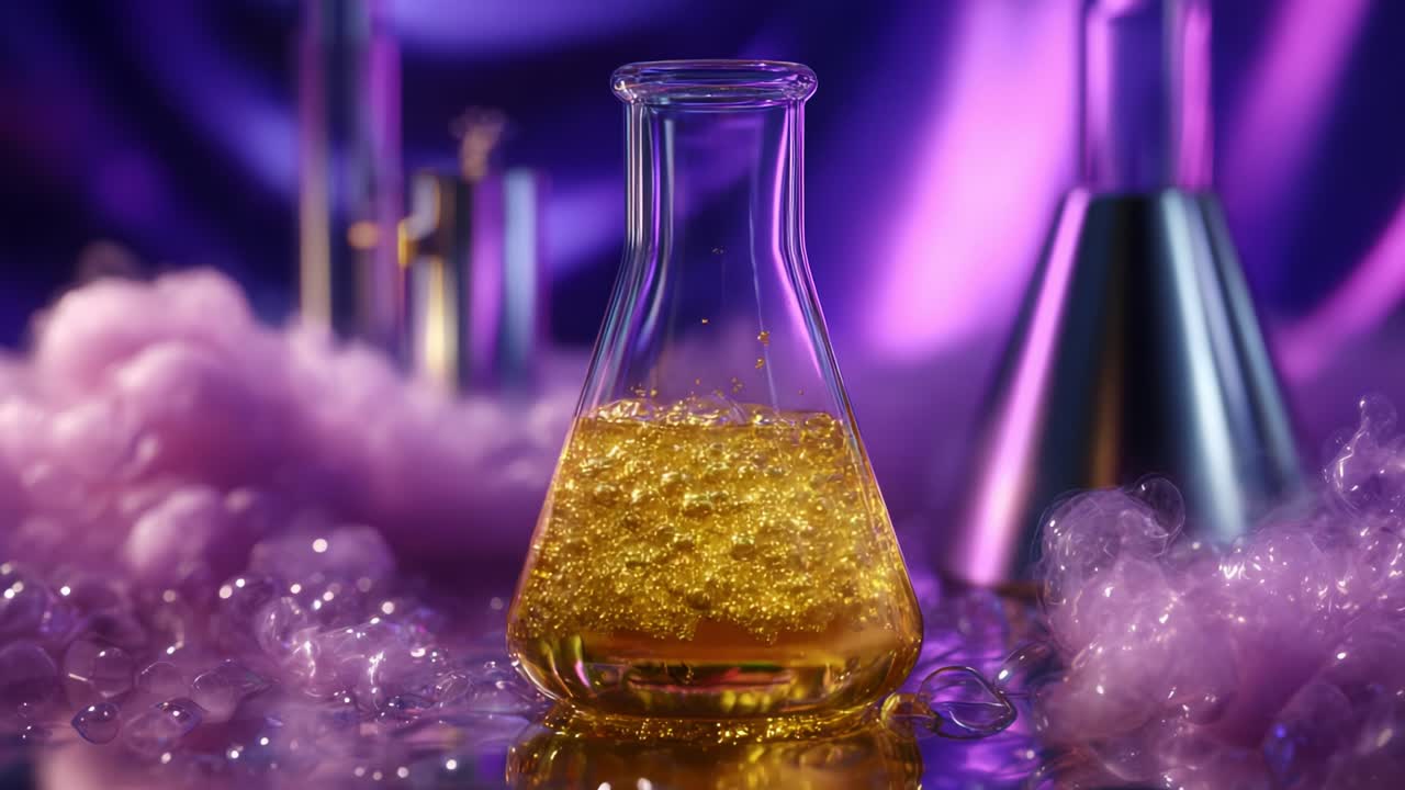 A captivating laboratory display featuring a flask filled with shimmering golden liquid, surrounded by colorful bubbles and blurred scientific glassware, blending artistry with chemistry in vibrant hues