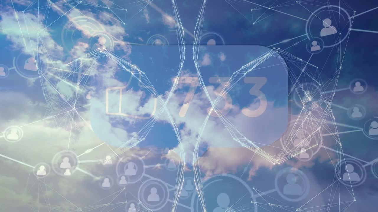 Animation of connections, social media reactions and globe over clouds