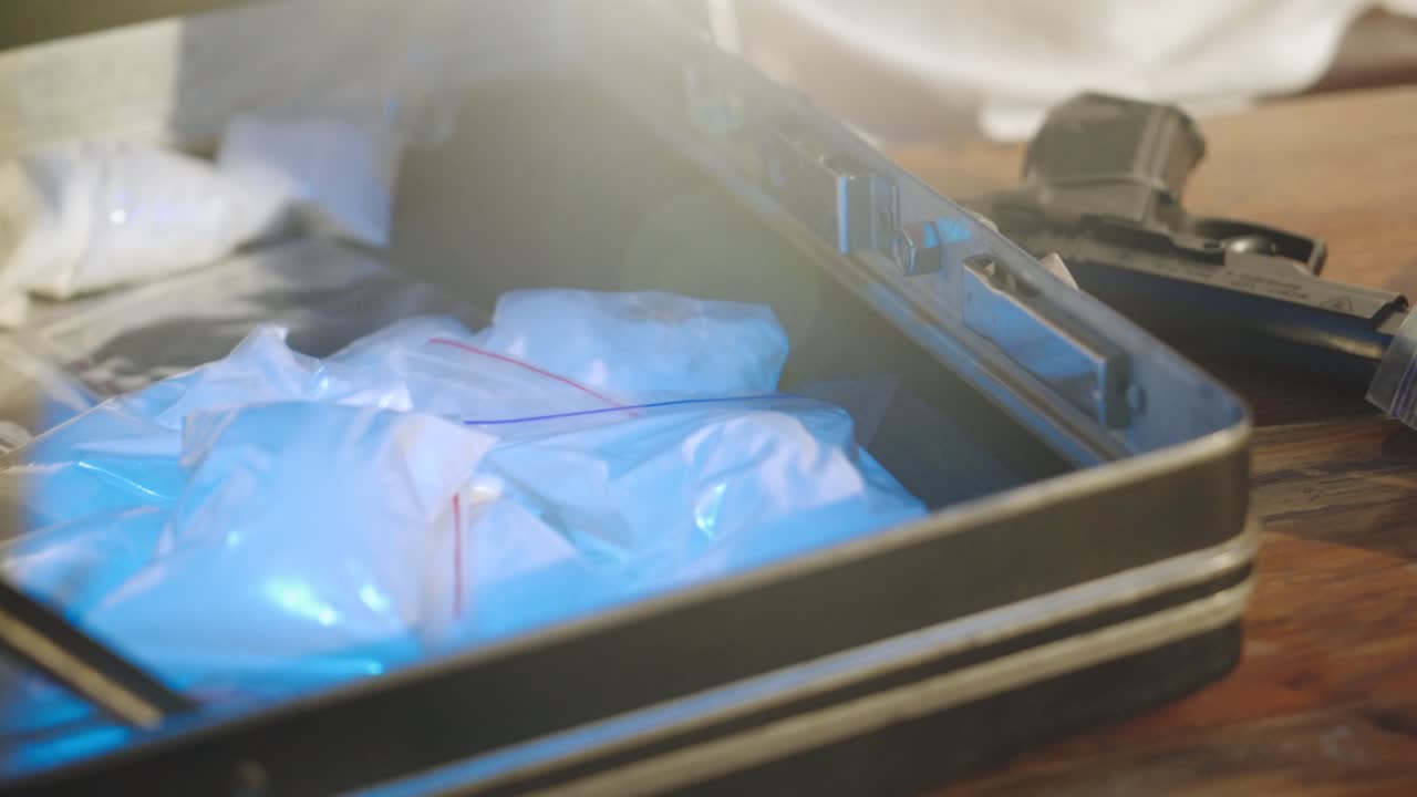 Close-up. Drug dealer is packing drugs into suitcase. Abuse of drugs. Criminal Business