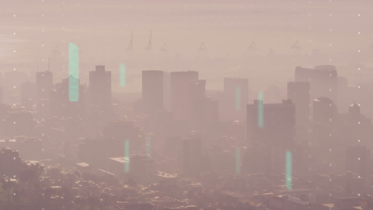 Animation of data processing with flickering screens over cityscape