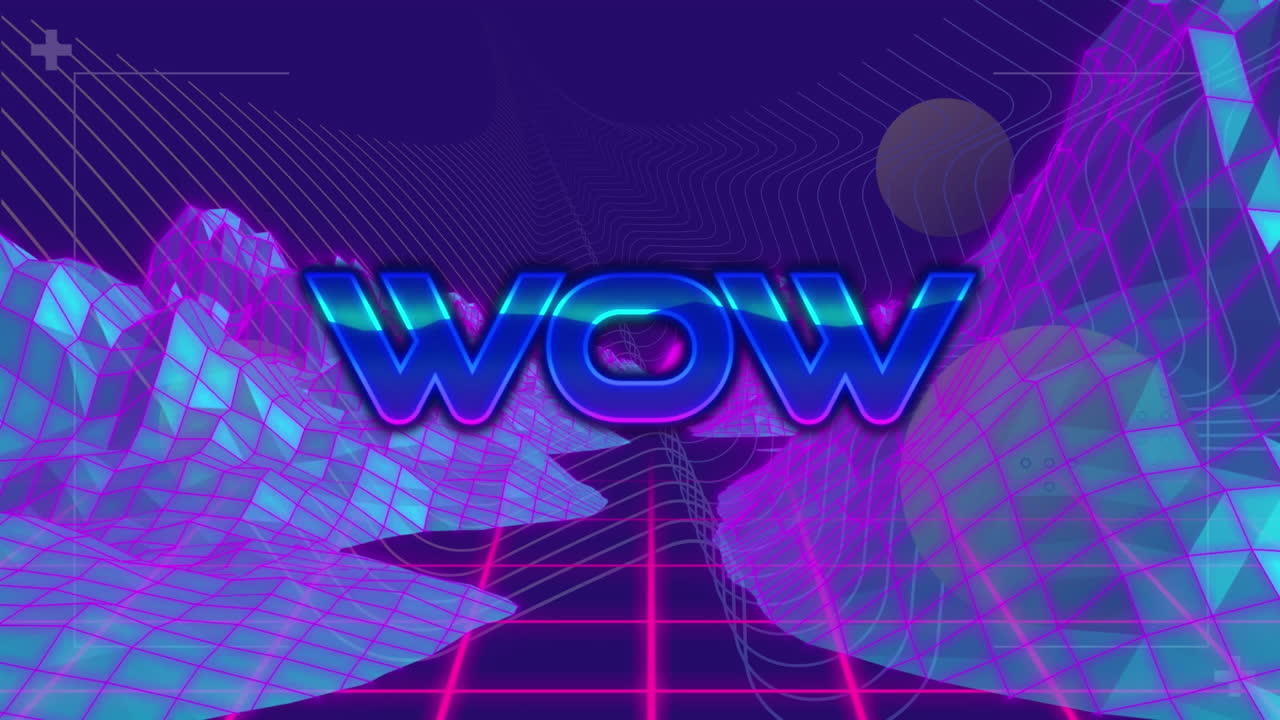 Animation of wow text over metaverse on purple background