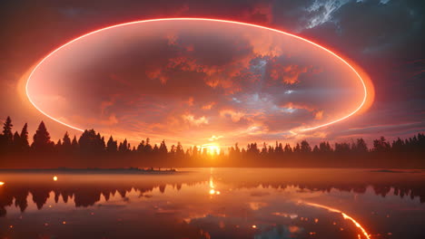 breathtaking sunset over forest lake with aurora-like halo in autumn