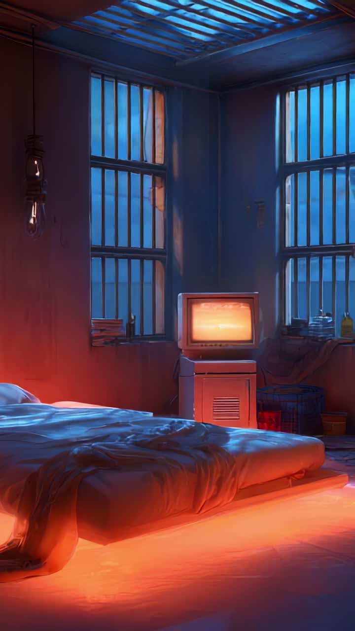Una camera da letto serena e poco illuminata con una luce sottostante che emana bagliore, un televisore vintage e finestre dalle tonalità blu che creano un'atmosfera rilassante che ricorda la solitudine