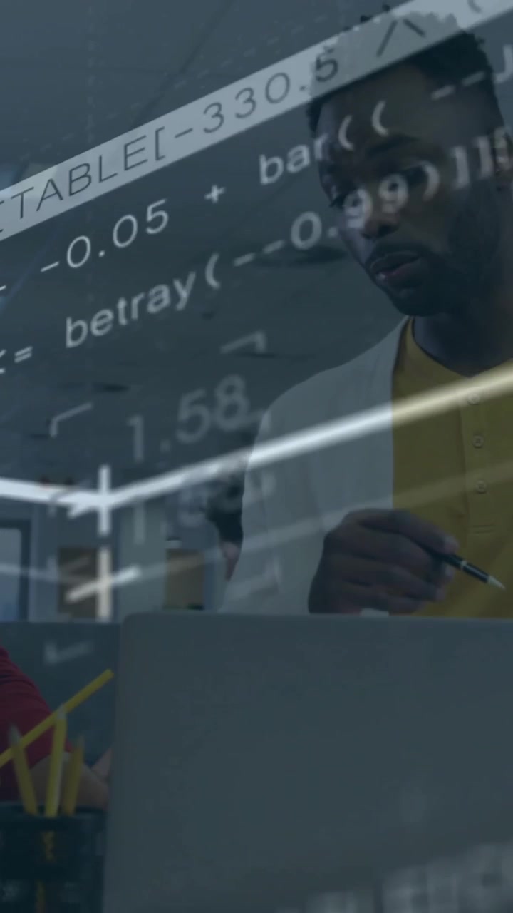 Animation of financial data processing over diverse business people in office