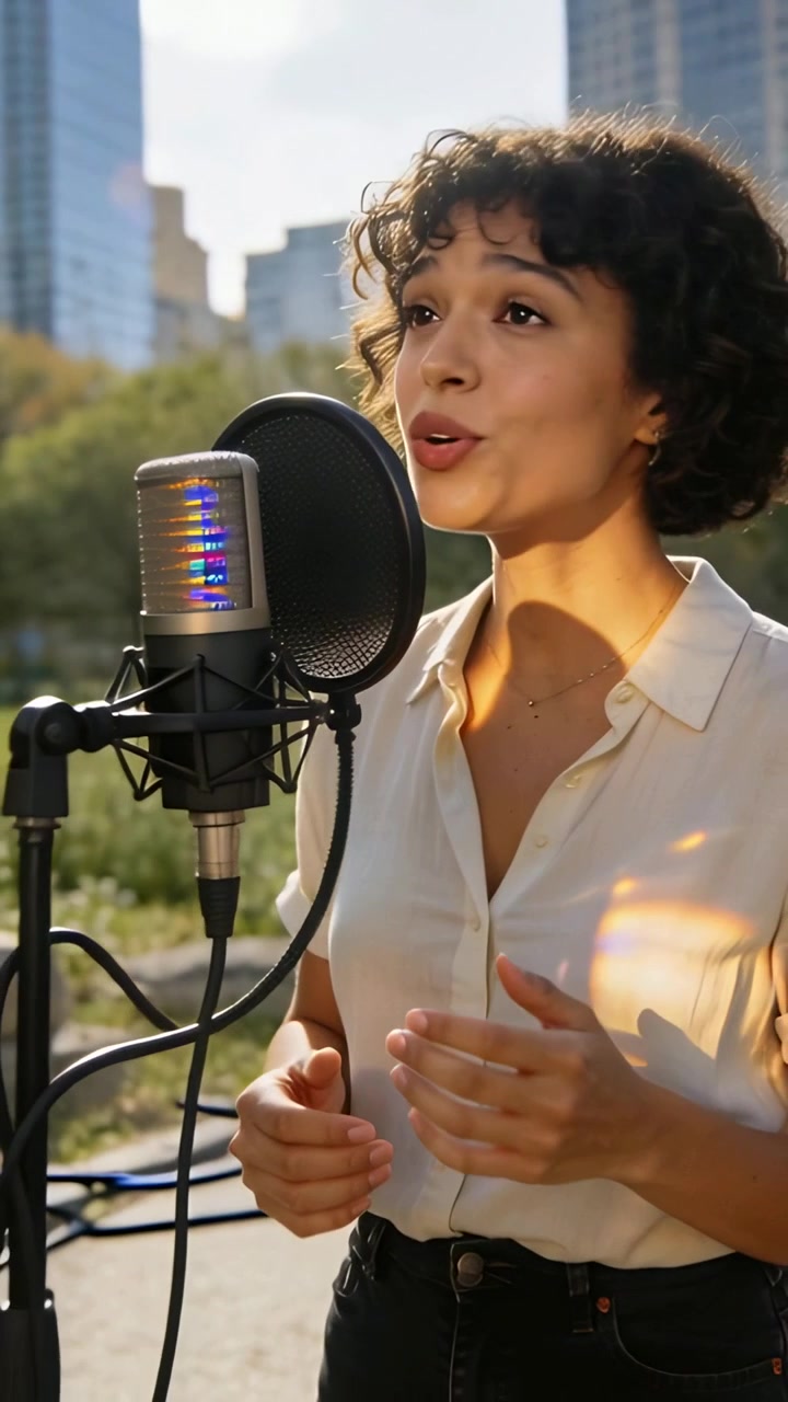 Video verticale: Cantante donna che inspira e canta in un microfono in un parco cittadino, registrando con un filtro anti-pop.