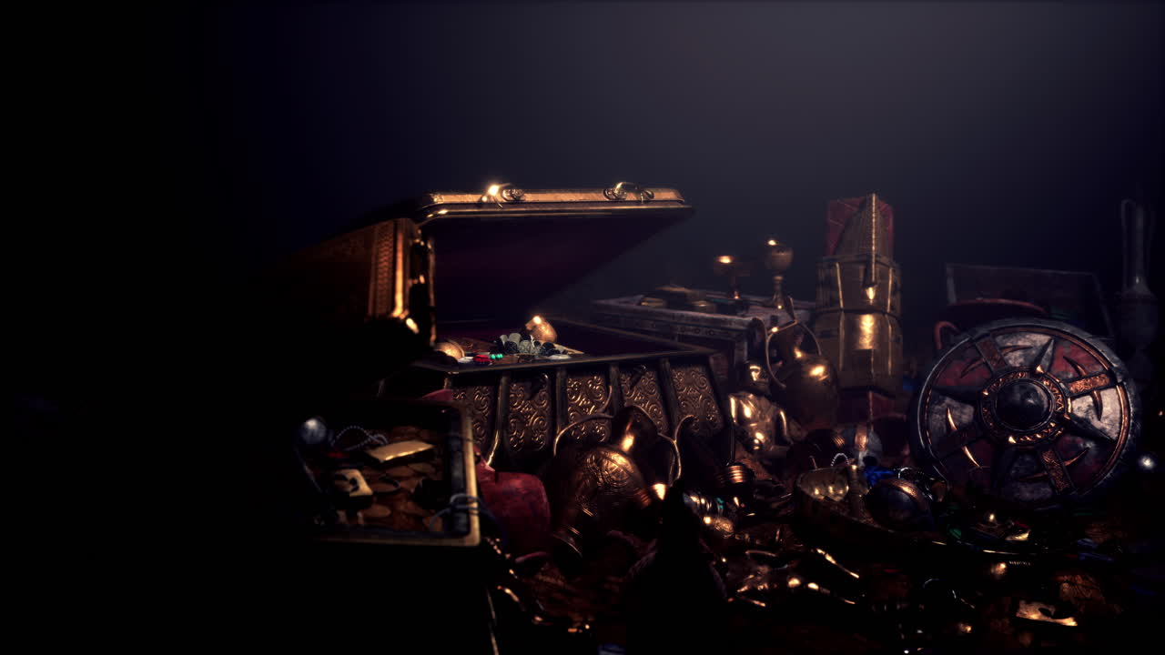 금과 유물로 가득 찬 고대 보물 상자