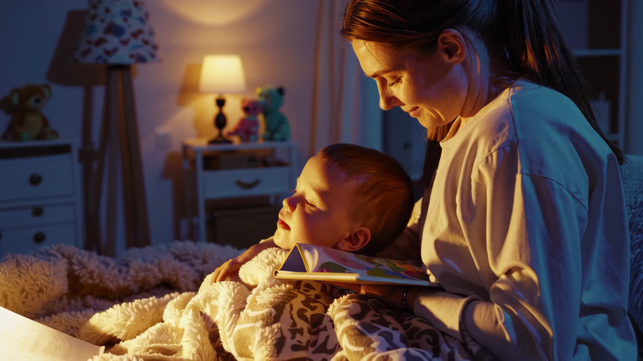 Mother Reading a Story to Her Child at Bedtime