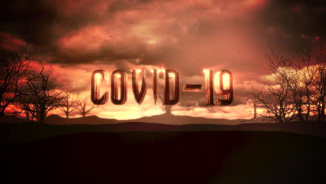 animation text covid19 and mystical animation halloween background with dark clouds and mountains