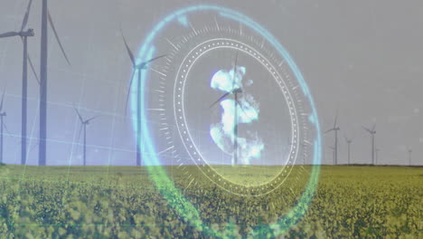 wind turbines in field with digital dollar symbol and data overlay animation