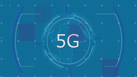 Animation-Des-Scope-Scannens-über-Dem-Globus-Und-5g-Text-Auf-Blauem-Hintergrund