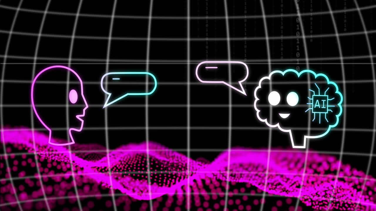 보라색 mesh와 어두운 배경 위에 ai 데이터 처리의 애니메이션