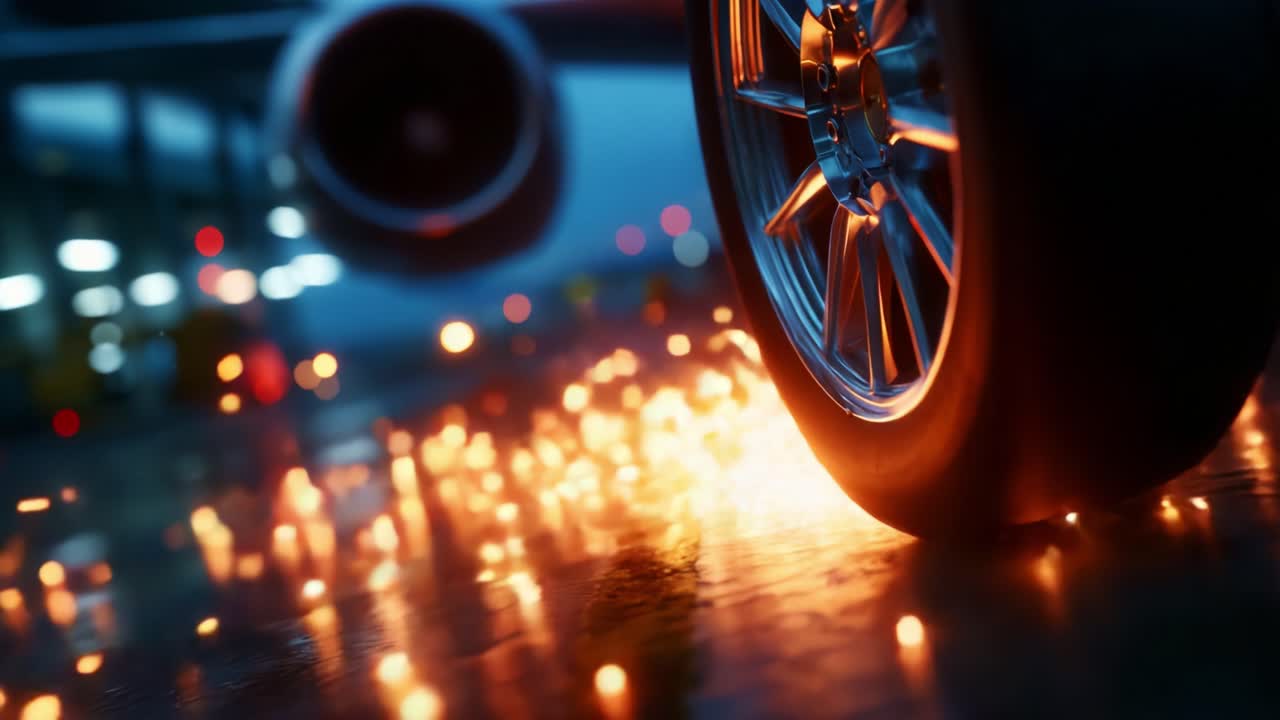Stunning Close-Up of a Jet Plane's Tire in a Dimly Lit Environment with Glimmering Sparks, Capturing the Raw Power and Energy of Aircraft Motion and Ground Interaction in a Nighttime Airport Setting