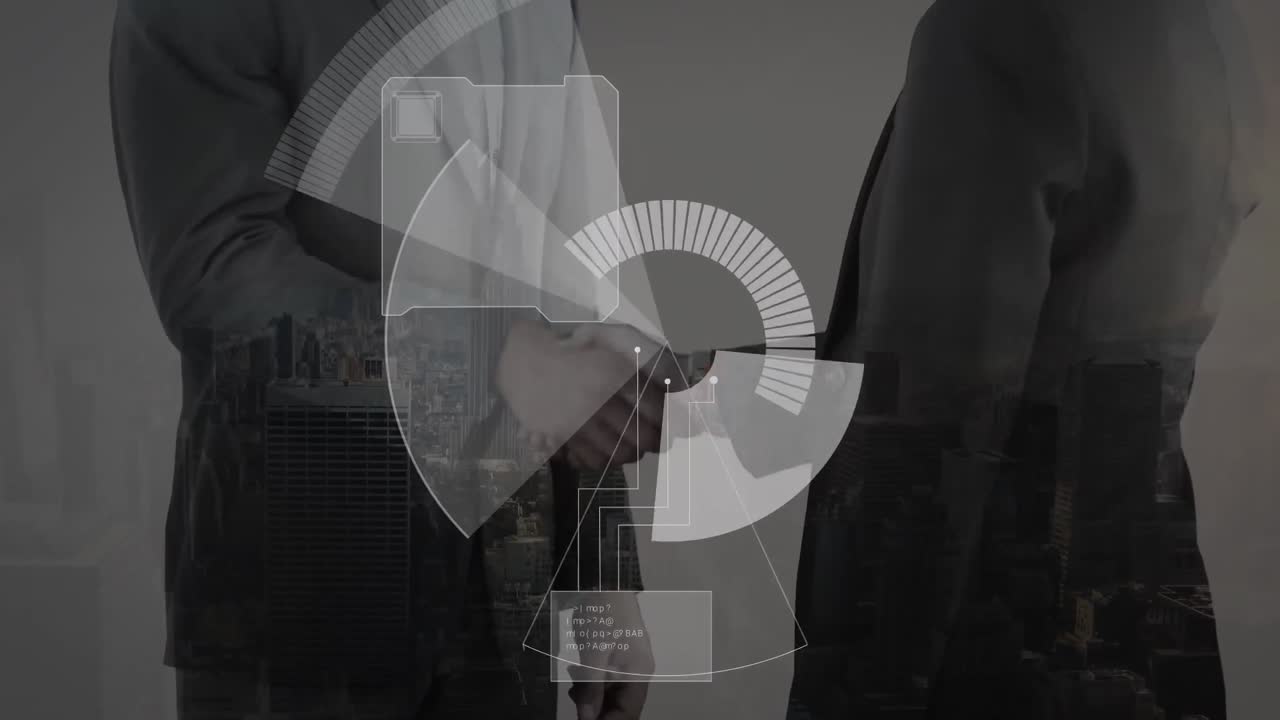 animación del procesamiento de datos sobre el apretón de manos de un hombre de negocios