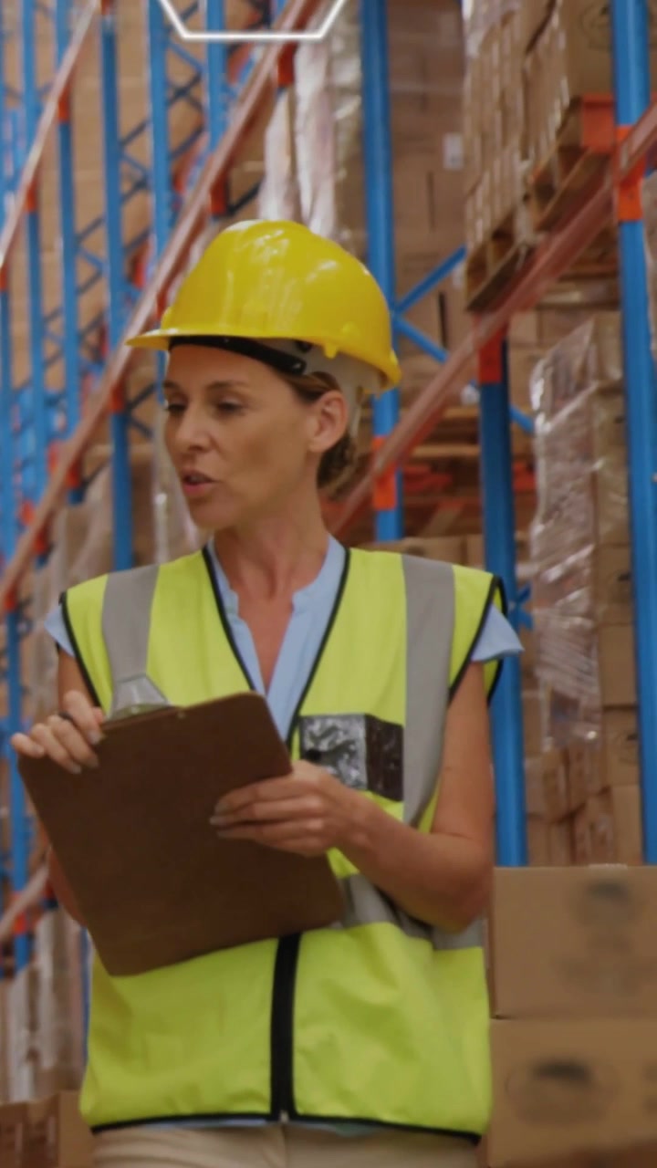 Video verticale: Operaio che cammina nel corridoio, icone AR che appaiono sopra gli scaffali, leggendo gli appunti per l'inventario.