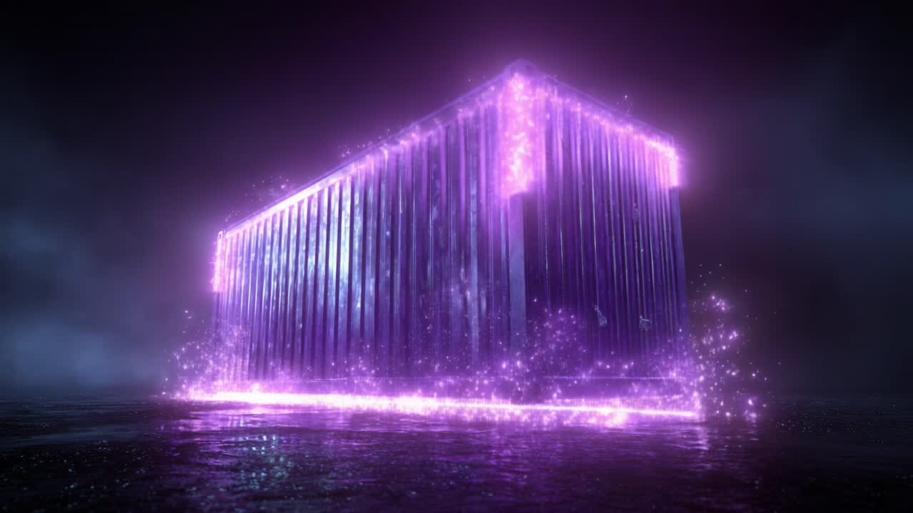 Mystical metal cargo container glowing with purple neon light and magical particles on a wet surface, representing a mysterious package, a special delivery or a futuristic transportation concept