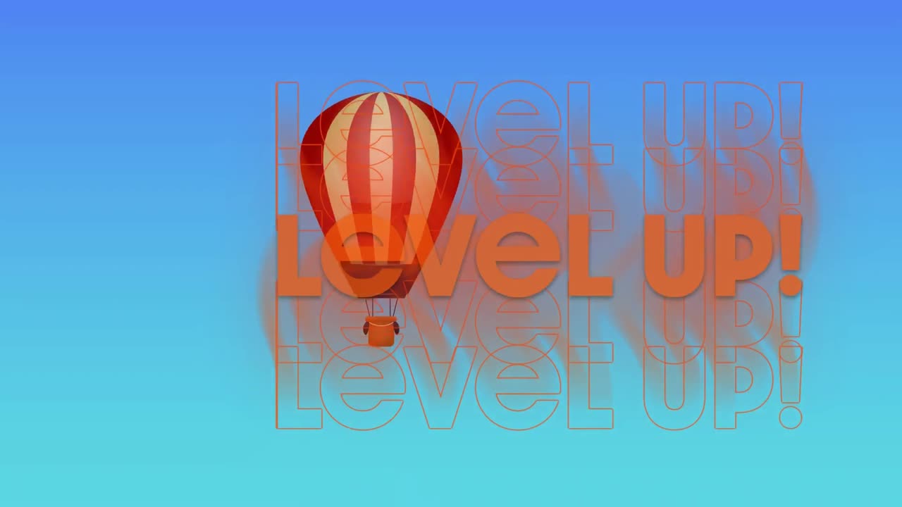 animación de las palabras a nivel en naranja con globo de aire caliente flotante en azul