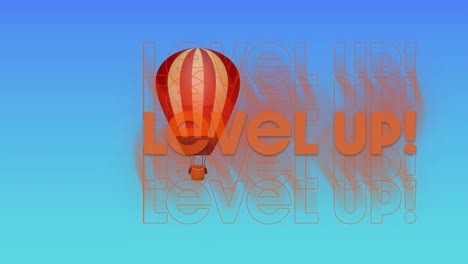 animation of the words level up in orange with floating hot air balloon on blue