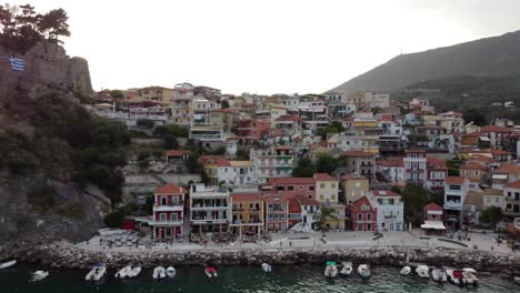 Parga-Greek-town-coastline-at-the-Ionian-coast-with-Chapel-of-the-Assumption-of-the-Virgin,-Aerial-view