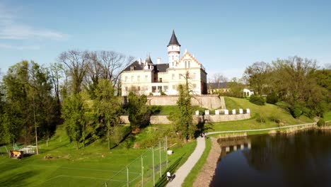 Flying-Towards-Old-Renaissance-Castle-Radun-Near-Opava-Town-In-The-Czech-Republic