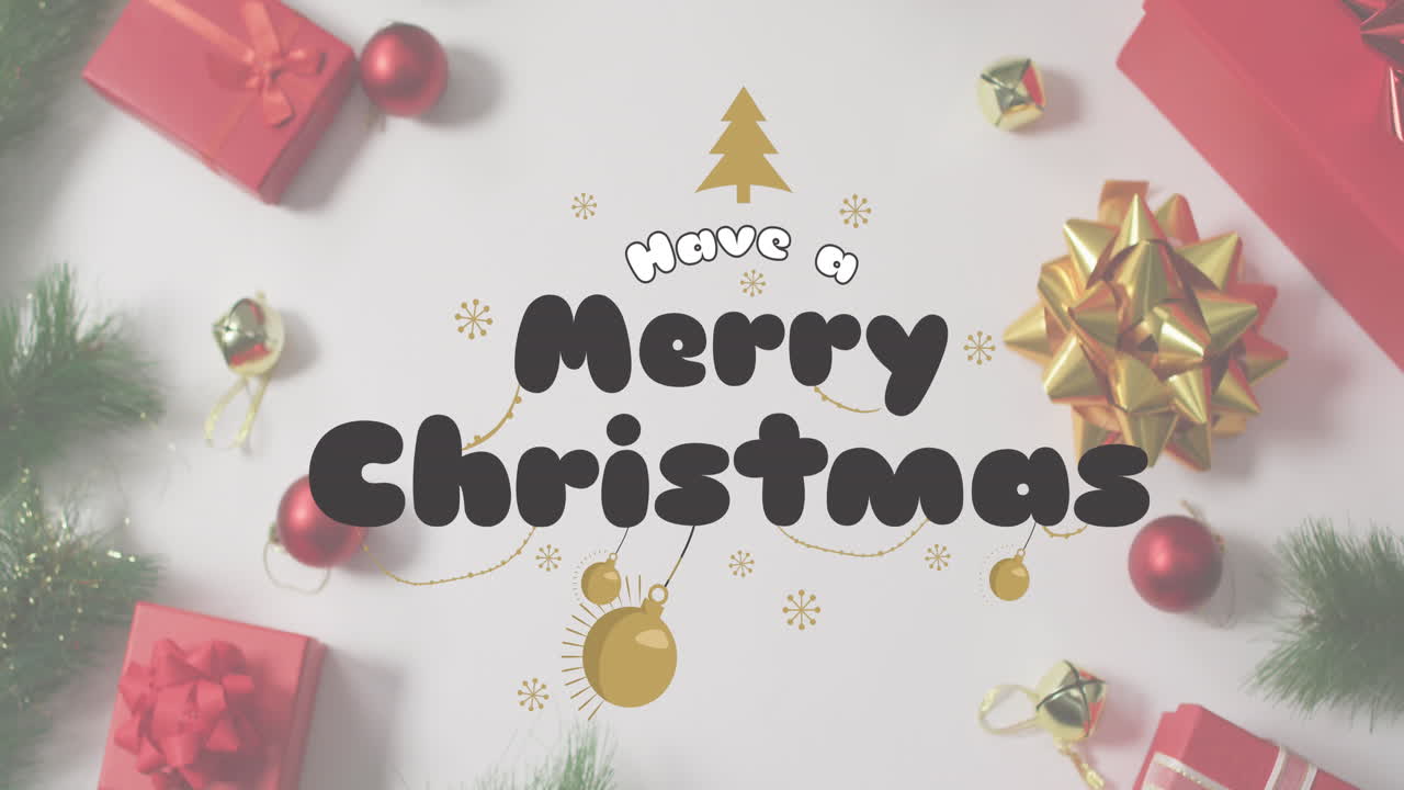 animación de banner de texto de feliz navidad sobre decoraciones y regalos de navidad en superficie blanca.