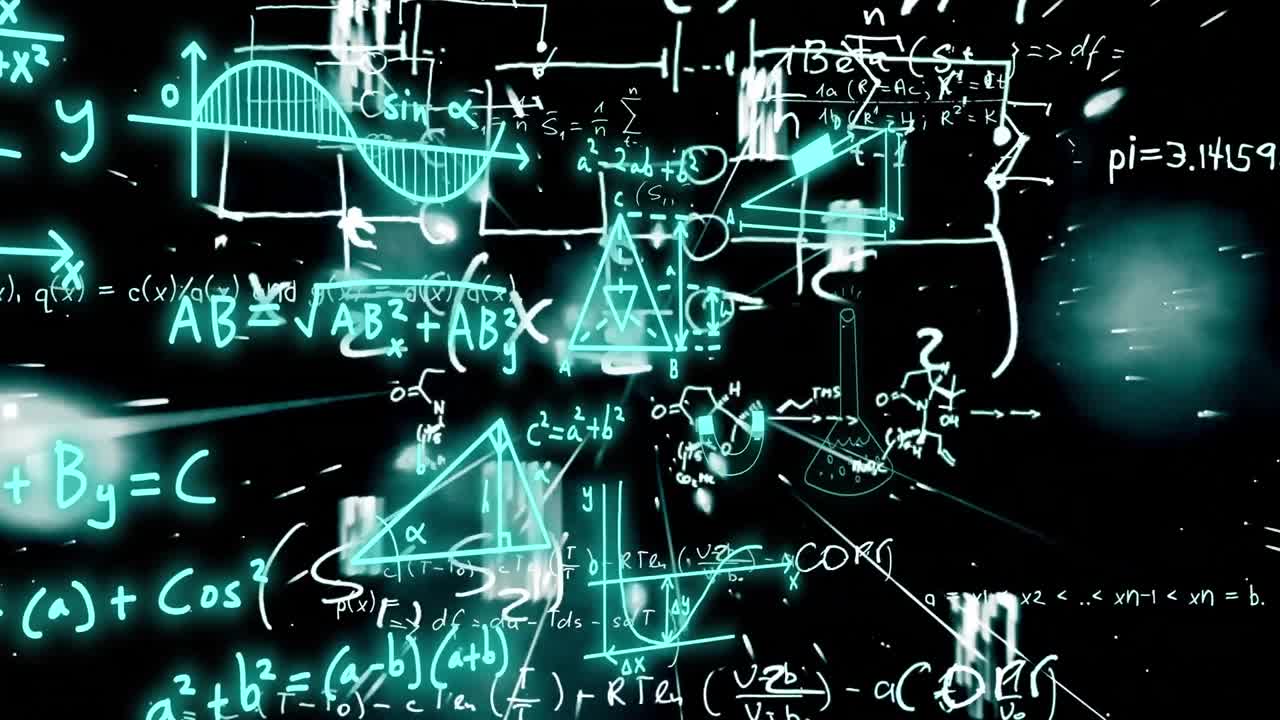 animación de fórmulas matemáticas y procesamiento de datos científicos sobre un fondo negro