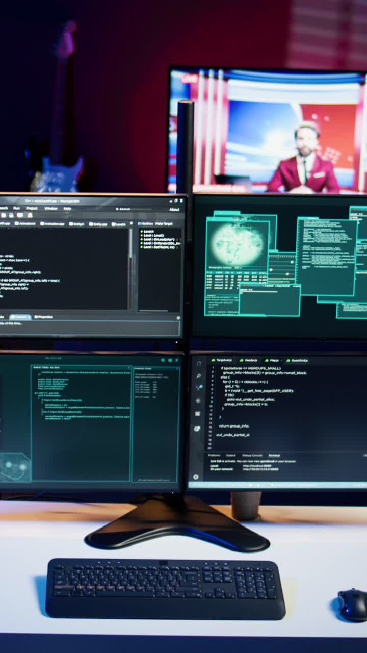 Vertikal video. Høyteknologisk datasystem som kjører ondsinnet kode i en tom leilighet