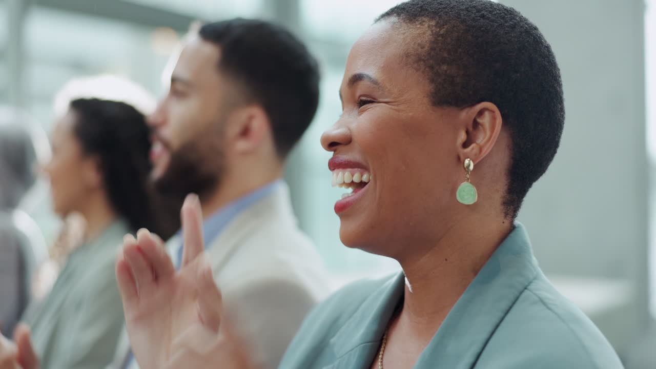 Happy, business people and meeting applause
