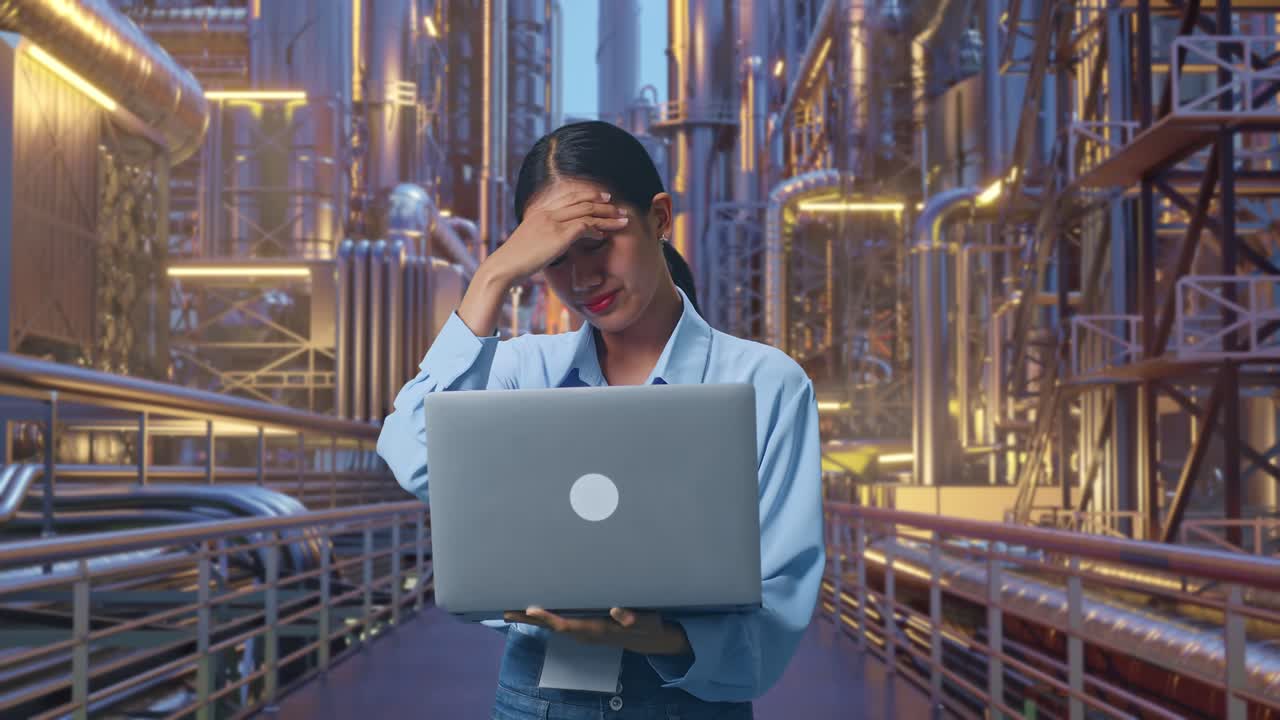 Asian Female Professional Worker Standing With Her Laptop At A Vast Oil Refinery, She Is Nodding Her Shead With Dissapionted