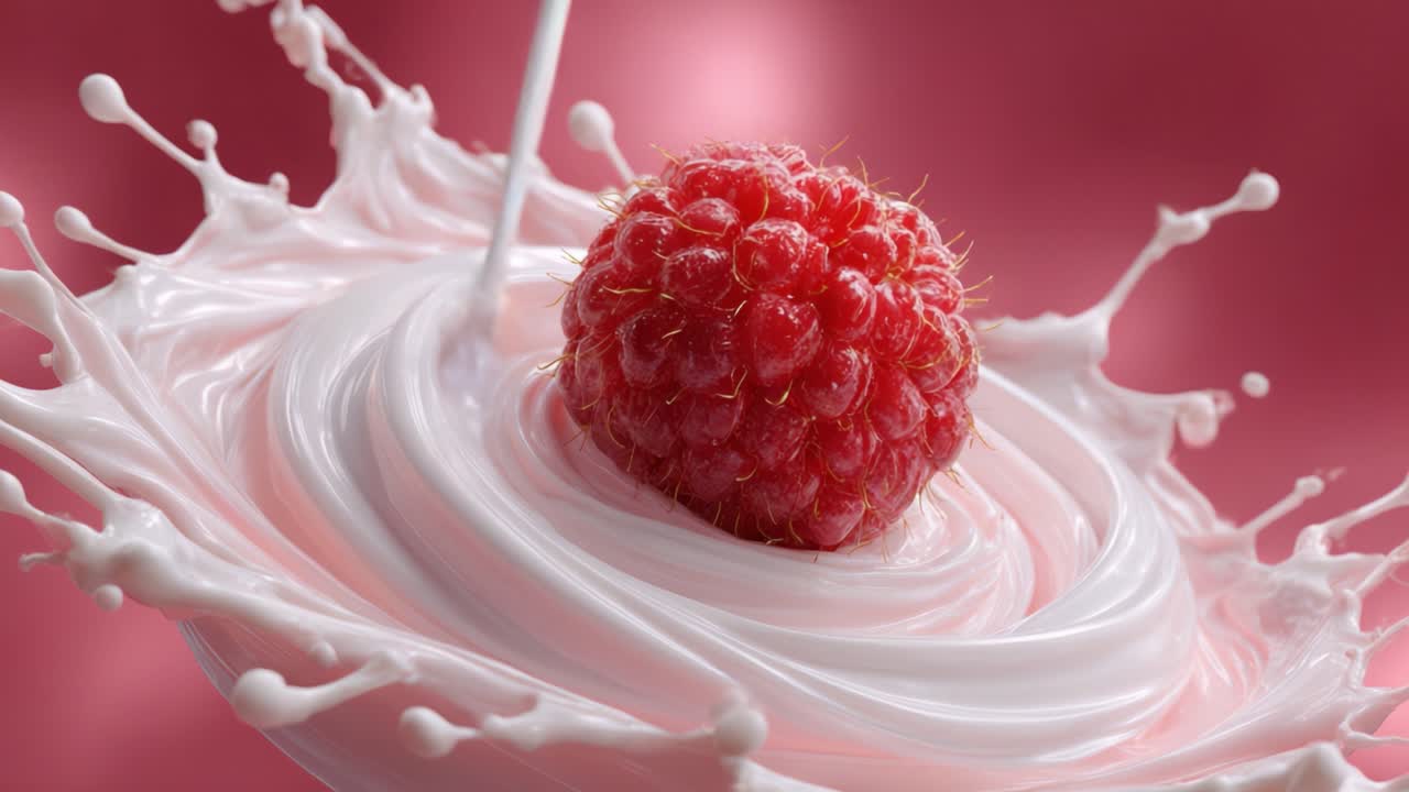 A luscious raspberry elegantly suspended in a creamy swirl, creating a dynamic splash against a soft pink backdrop, capturing the essence of delightful indulgence