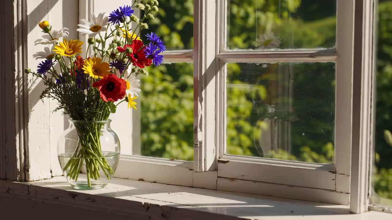 Farverige vilde blomster i en vase på en solrig vindueskarm