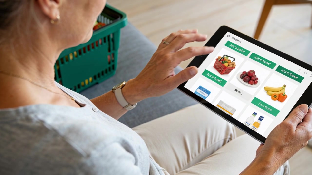 Apertura di un'app, donna che tocca un tablet, aggiungendo la spesa per il negozio sul divano, con un cesto verde dietro