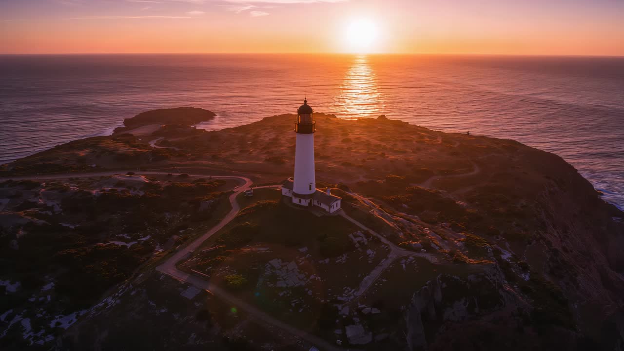 Gliding drone filming lighthouse on rocky coast with sun nearing horizon for silhouette and flare
