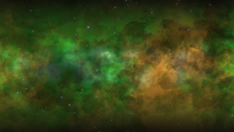 CGI-universe-zoom-through-of-stars-in-striped-orange-green-cloudy-nebula-in-space,-wide-view