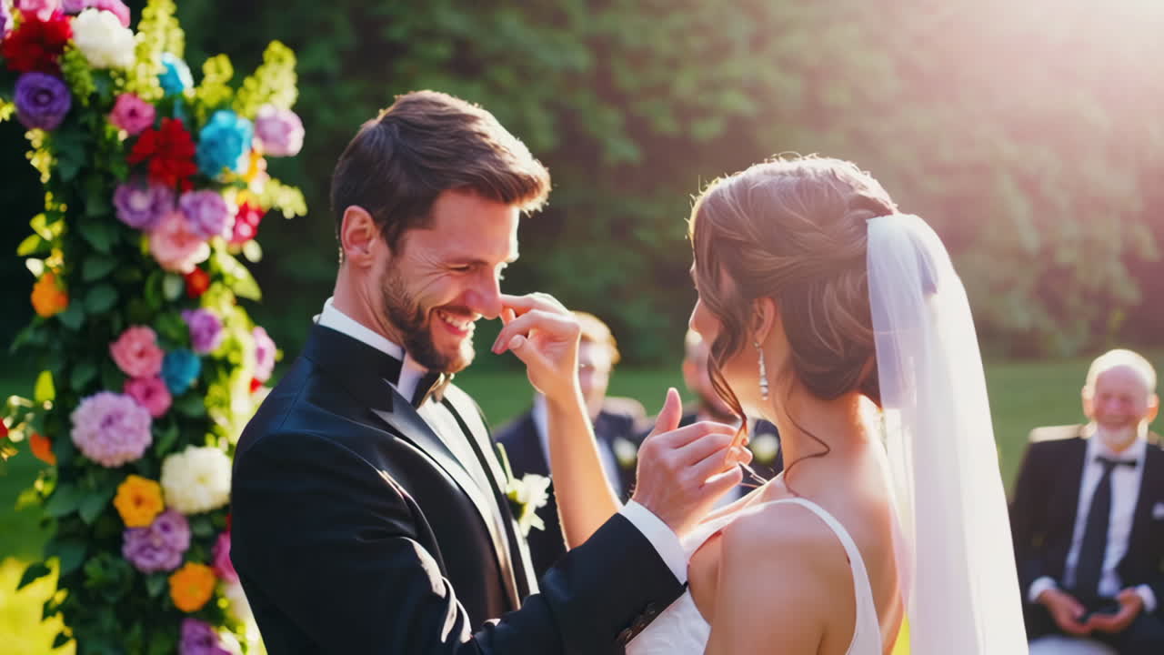 Joyful Bride and Groom at Outdoor Wedding Ceremony
