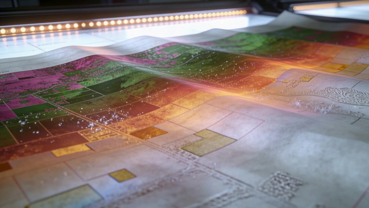 Shifting LED bar causing warm band sweeping across map on bench for print check, showing sparkles