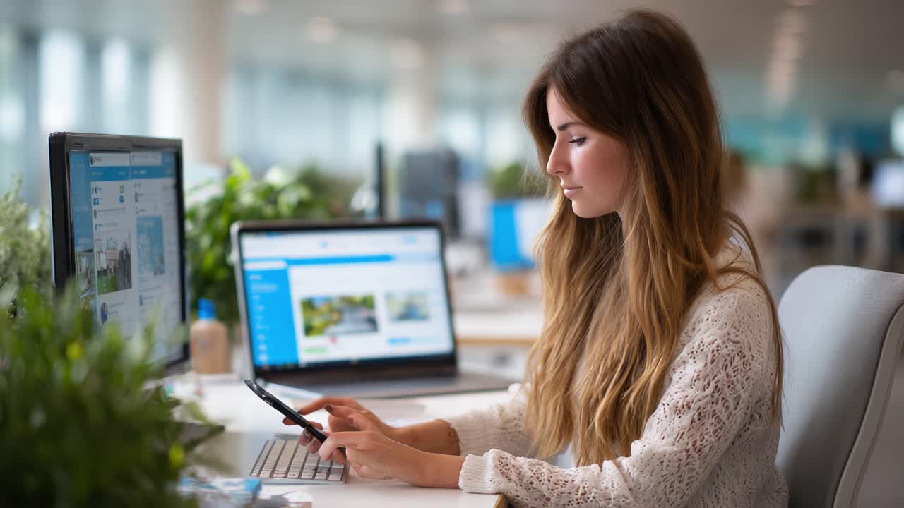Focused Young Woman Using Smartphone in Modern Office Environment Surrounded by Greenery While Working on Computer with Multiple Screens