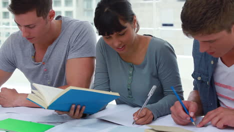mujer seria sosteniendo un libro mientras está sentada con amigos