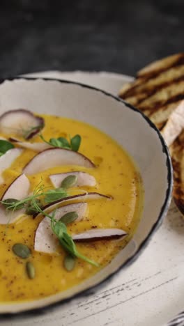 creamy pumpkin soup with coconut and toasted bread