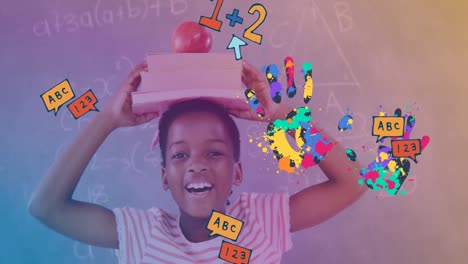 animation of numbers and hands over happy african american boy